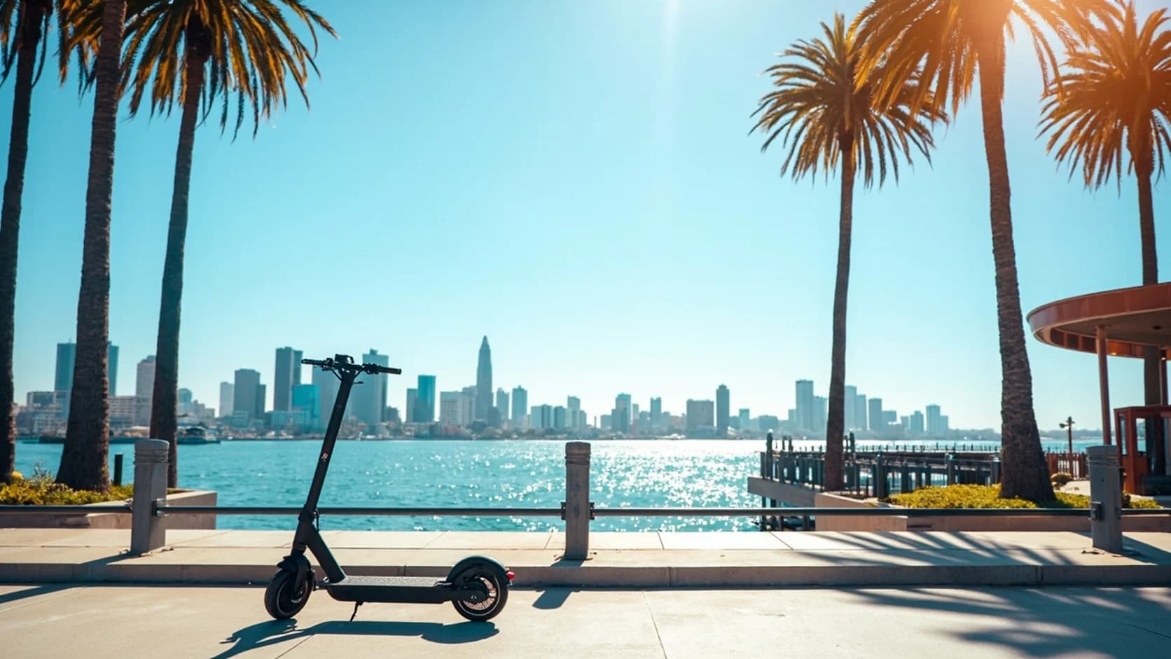 Ninebot Max scooter at Coronado Ferry Landing with the downtown San Diego skyline across the bay