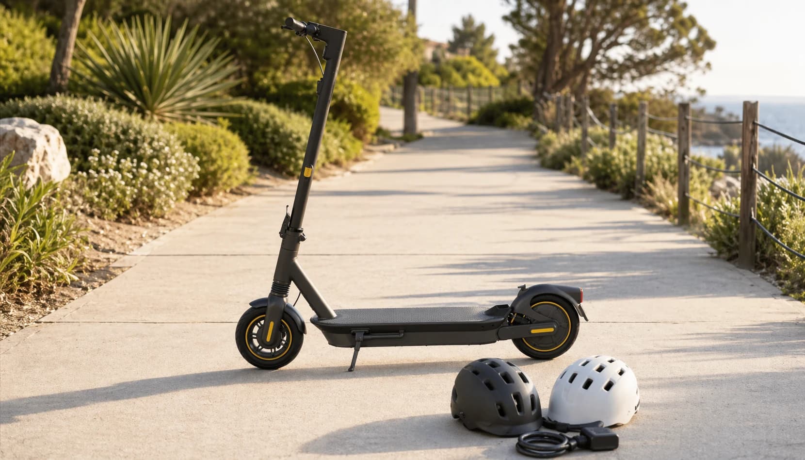 Helmet and Ninebot Max scooter ready for a safe San Diego rental