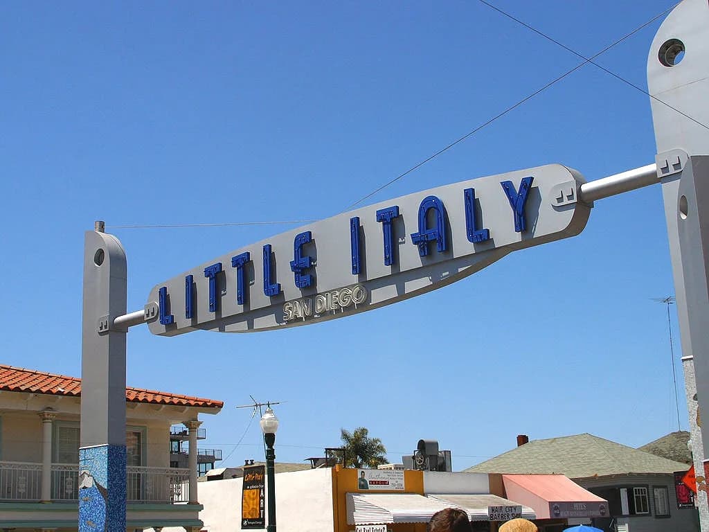 The blue Little Italy sign above India Street in San Diego.