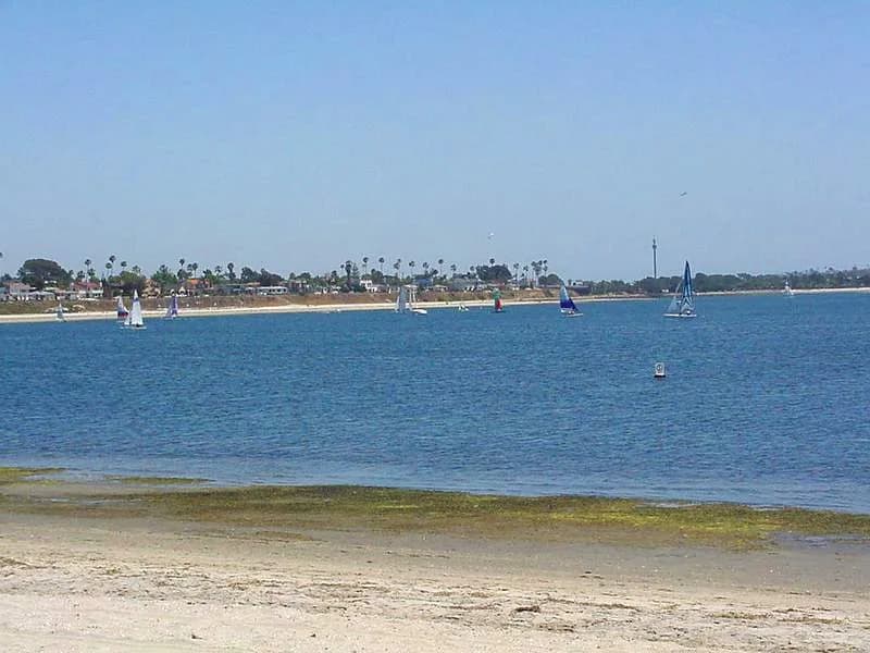 The calm waterfront at Mission Bay in San Diego.