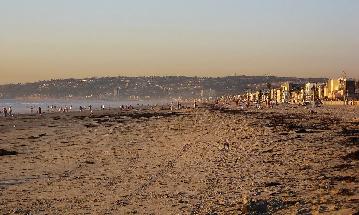 The sandy shoreline and beachfront buildings at Mission Beach.